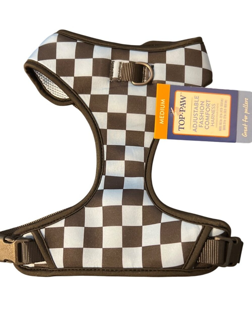 Top Paw Adjustable Fashion Comfort Dog Harness Checkered Black Blue Sz M NWT